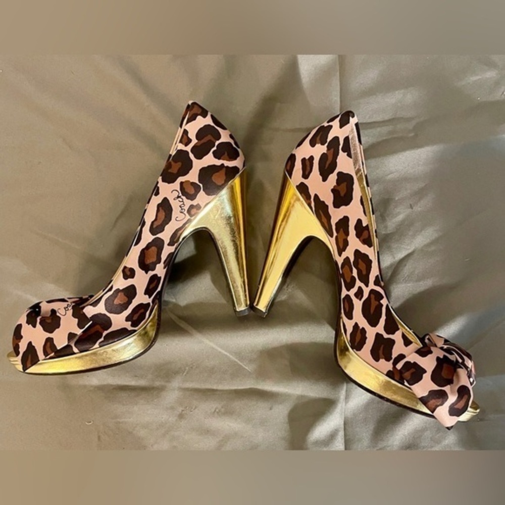 Coach Satin Leopard Print Daisey Open Toe Pumps Gold Heel Bow 8 Made In Italy - Picture 5 of 7